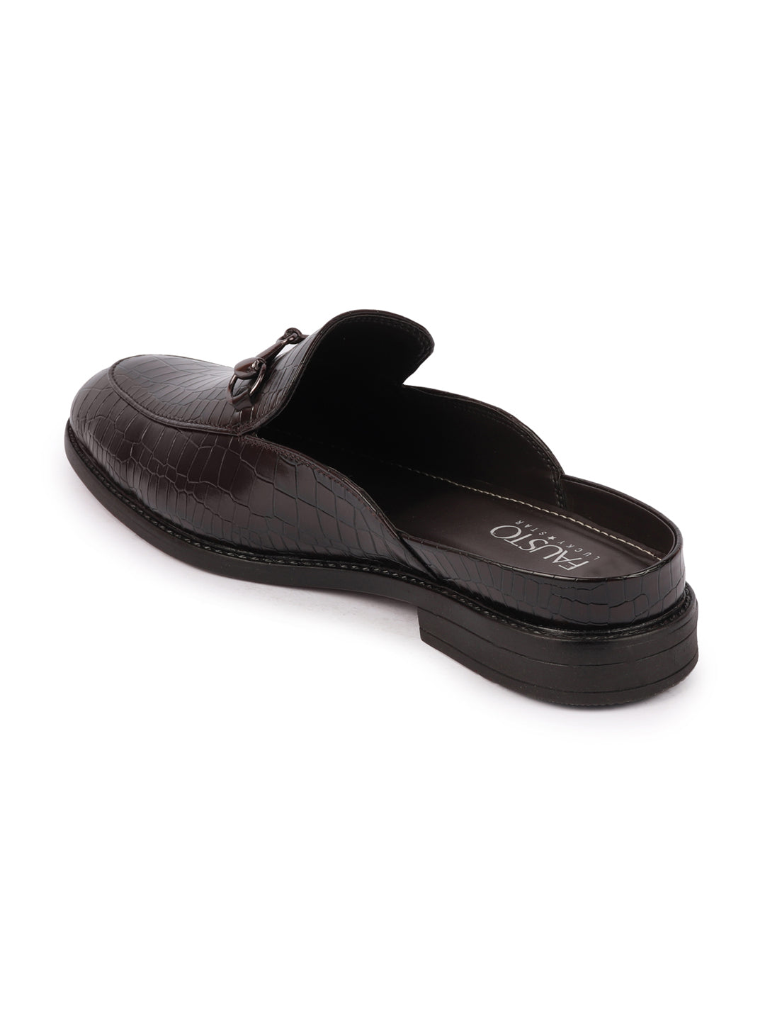 Shop Men Coffee Embossed Leopard Print Design with Horsebit Buckle Ethnic Party Back Open Slip On Mules Shoes Online.