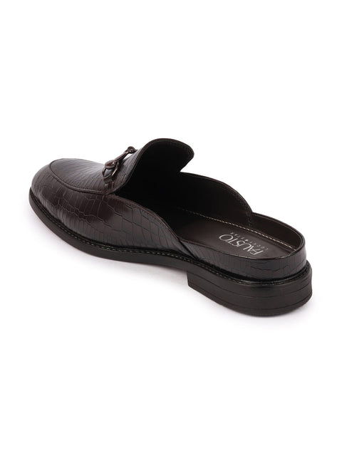 Shop Men Coffee Embossed Leopard Print Design with Horsebit Buckle Ethnic Party Back Open Slip On Mules Shoes Online.