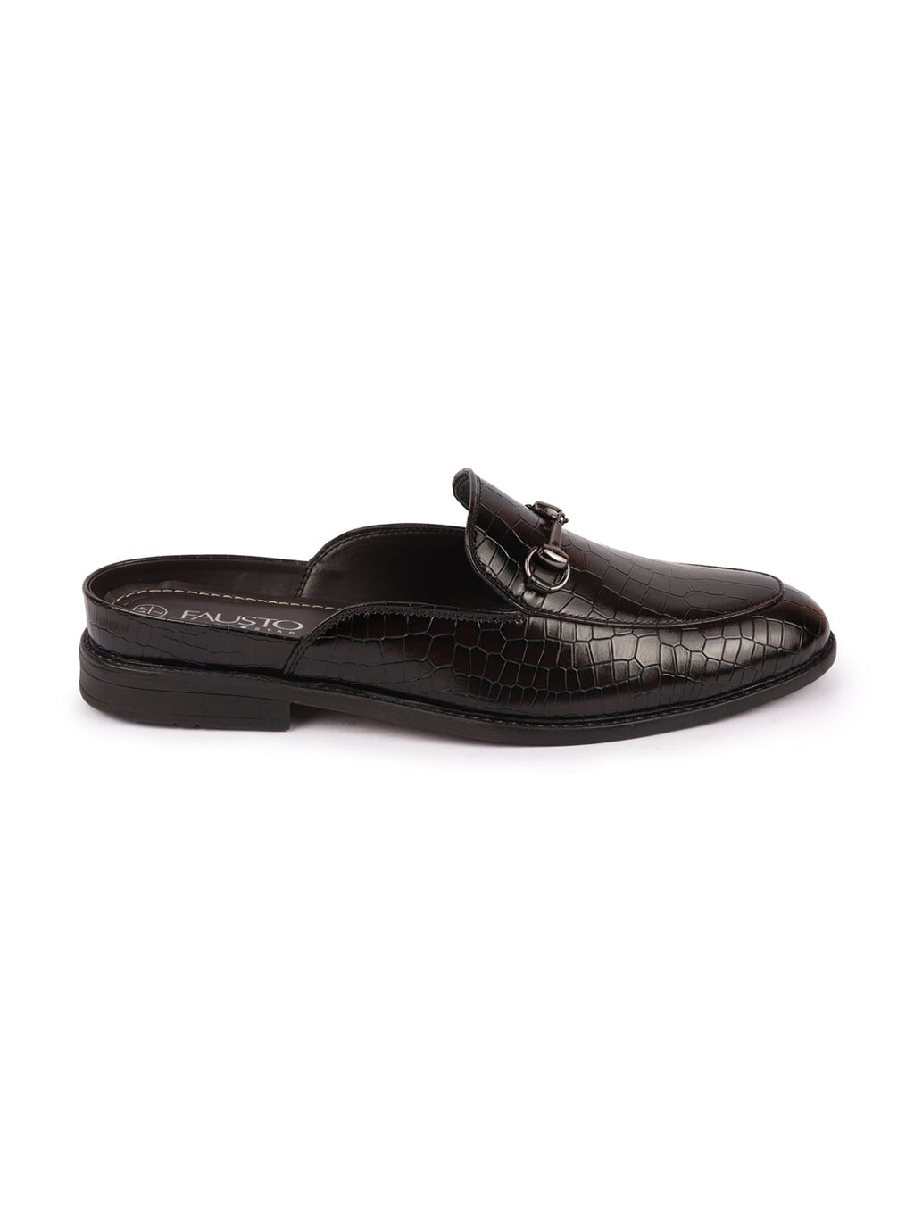 Shop Men Coffee Embossed Leopard Print Design with Horsebit Buckle Ethnic Party Back Open Slip On Mules Shoes Online.