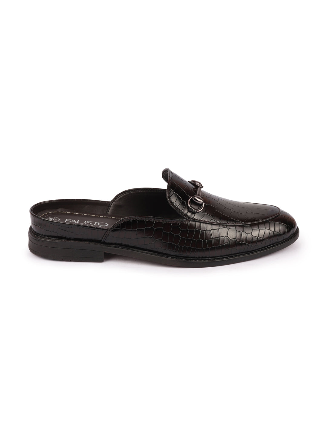 Shop Men Coffee Embossed Leopard Print Design with Horsebit Buckle Ethnic Party Back Open Slip On Mules Shoes Online.