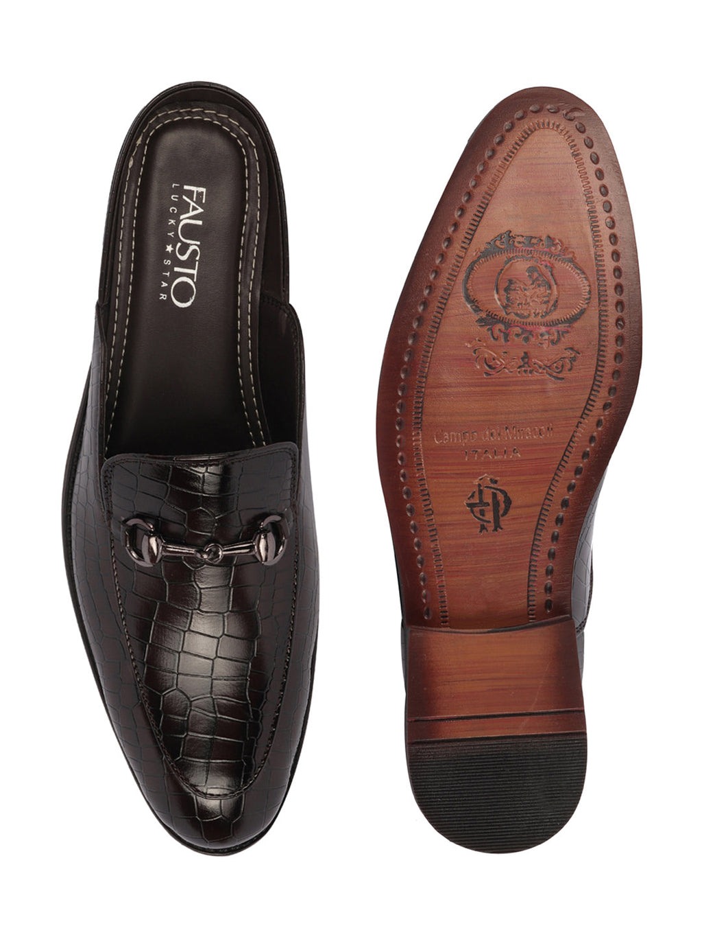 Shop Men Coffee Embossed Leopard Print Design with Horsebit Buckle Ethnic Party Back Open Slip On Mules Shoes Online.