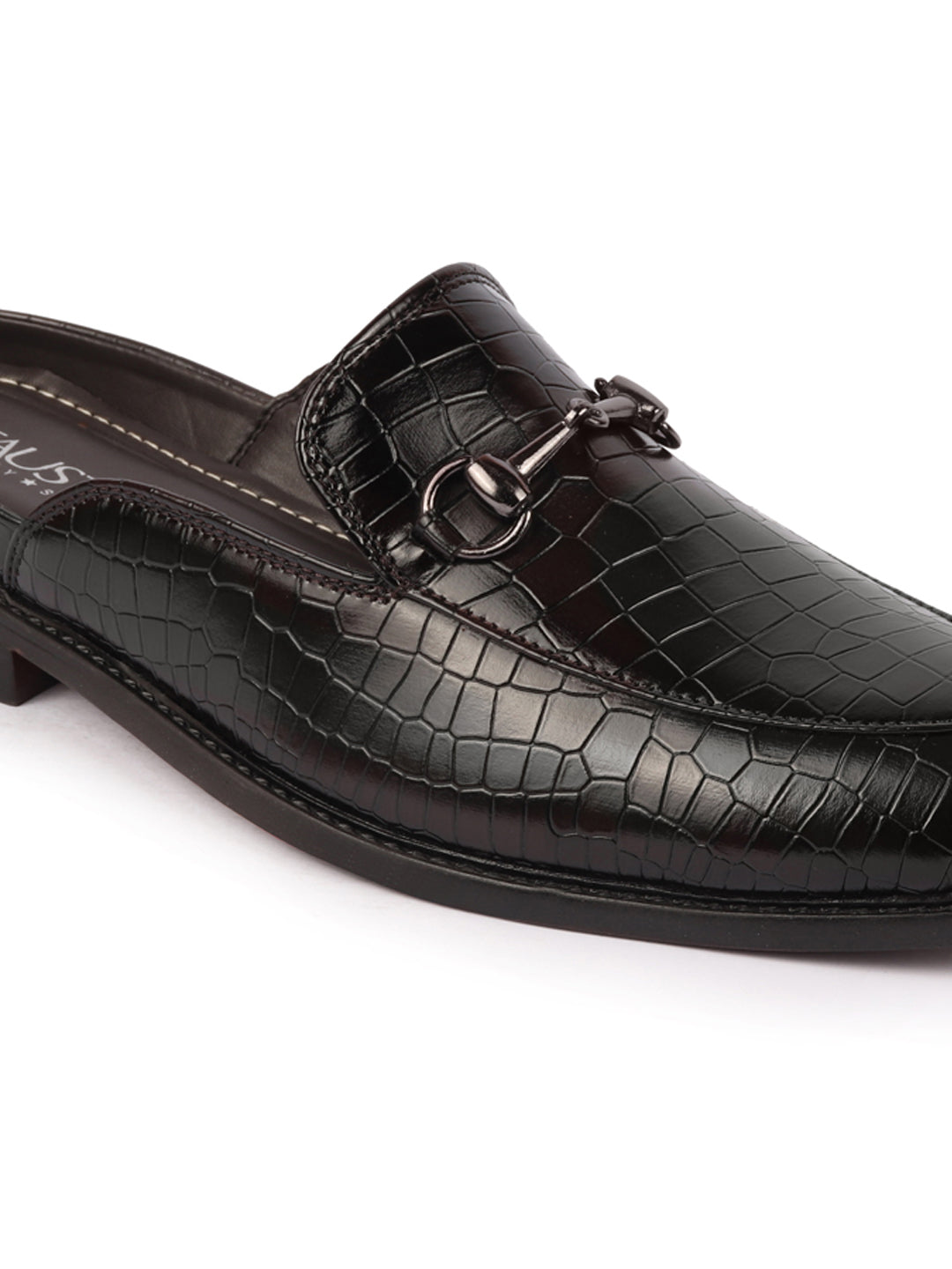 Shop Men Coffee Embossed Leopard Print Design with Horsebit Buckle Ethnic Party Back Open Slip On Mules Shoes Online.