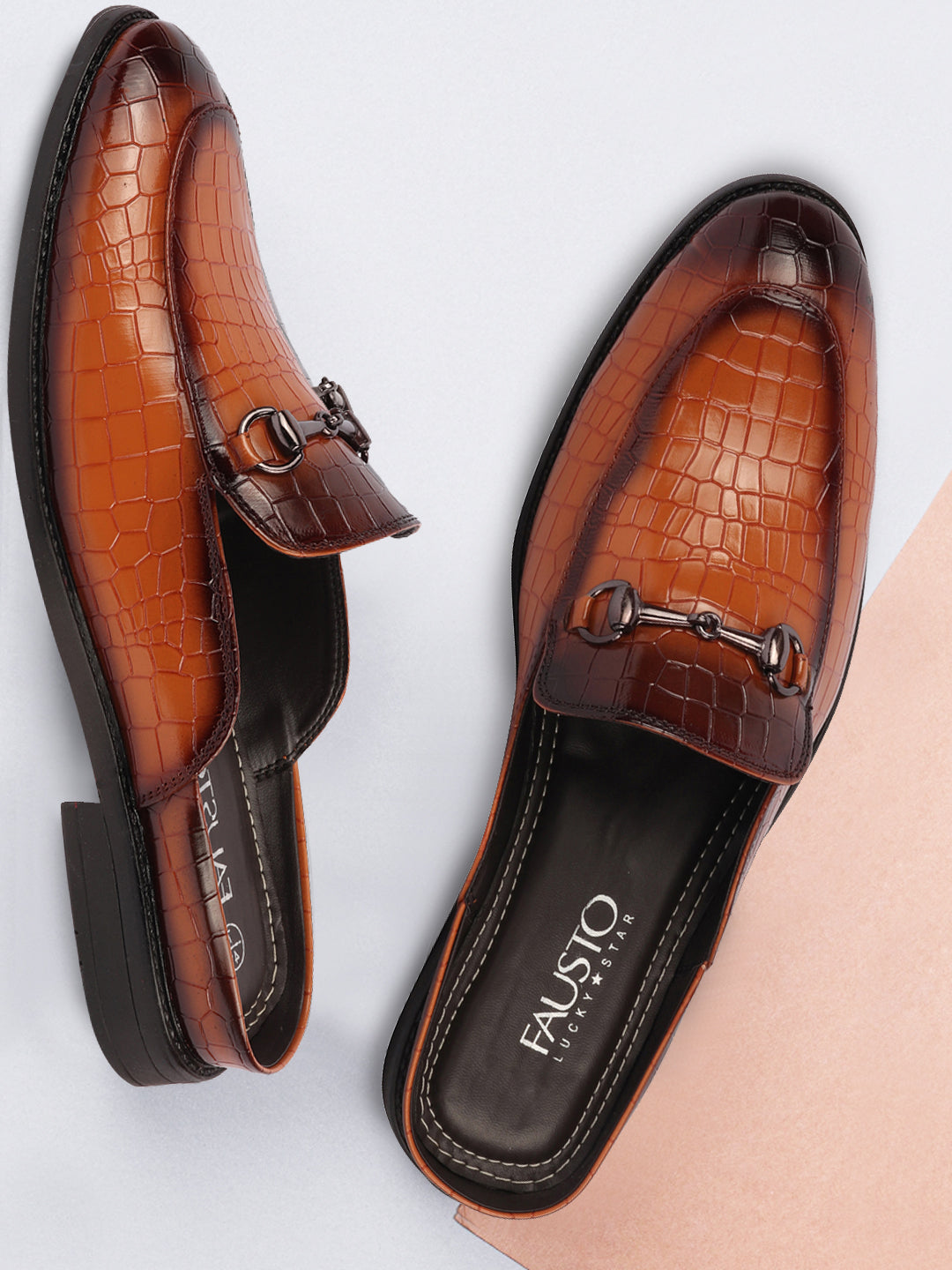 Shop Men Tan Embossed Leopard Print Design with Horsebit Buckle Ethnic Party Back Open Slip On Mules Shoes Online.