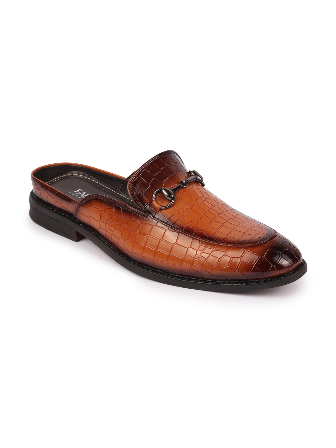 Shop Men Tan Embossed Leopard Print Design with Horsebit Buckle Ethnic Party Back Open Slip On Mules Shoes Online.