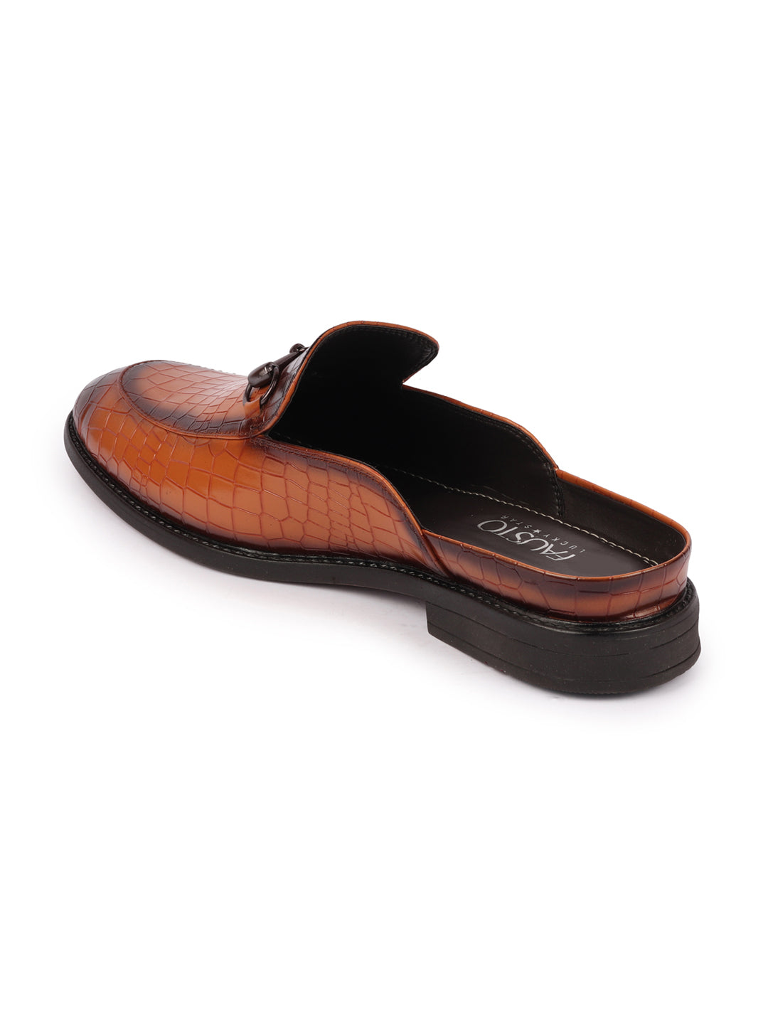 Shop Men Tan Embossed Leopard Print Design with Horsebit Buckle Ethnic Party Back Open Slip On Mules Shoes Online.