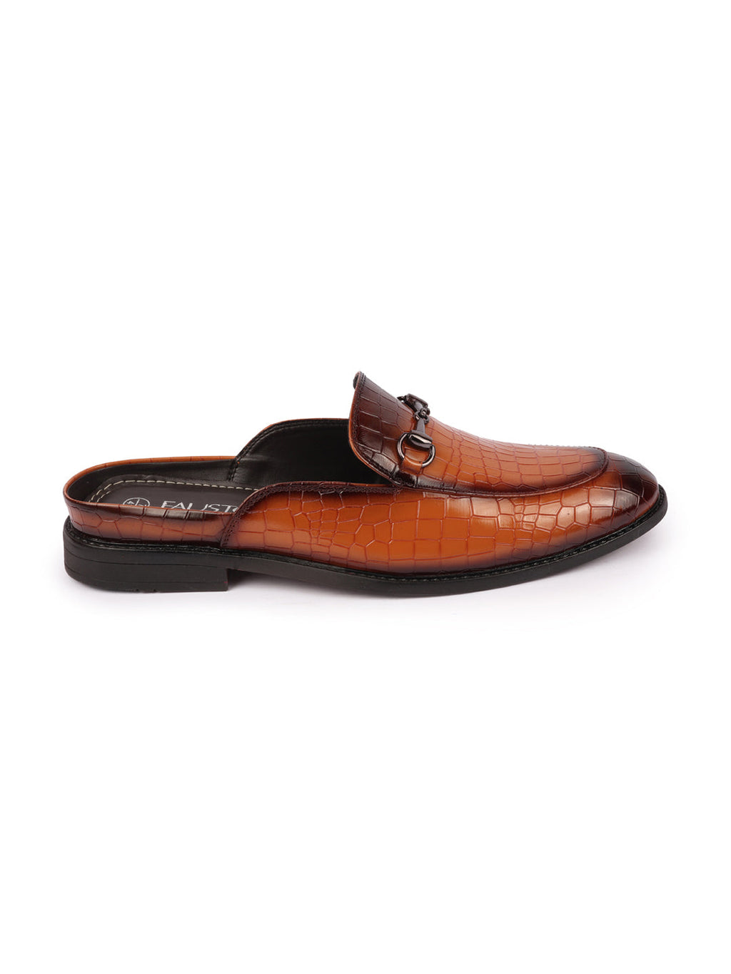 Shop Men Tan Embossed Leopard Print Design with Horsebit Buckle Ethnic Party Back Open Slip On Mules Shoes Online.