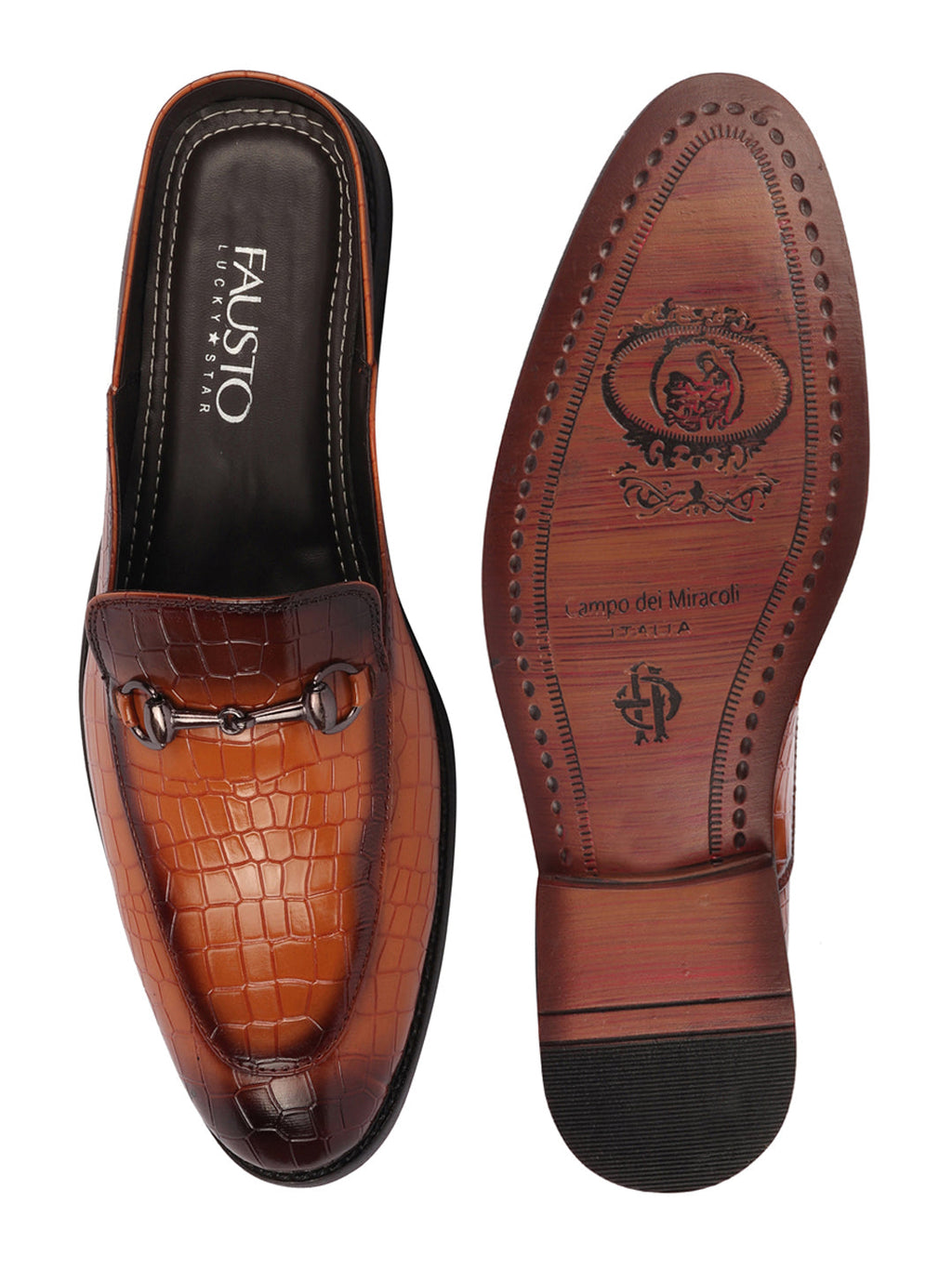 Shop Men Tan Embossed Leopard Print Design with Horsebit Buckle Ethnic Party Back Open Slip On Mules Shoes Online.
