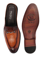 Shop Men Tan Embossed Leopard Print Design with Horsebit Buckle Ethnic Party Back Open Slip On Mules Shoes Online.