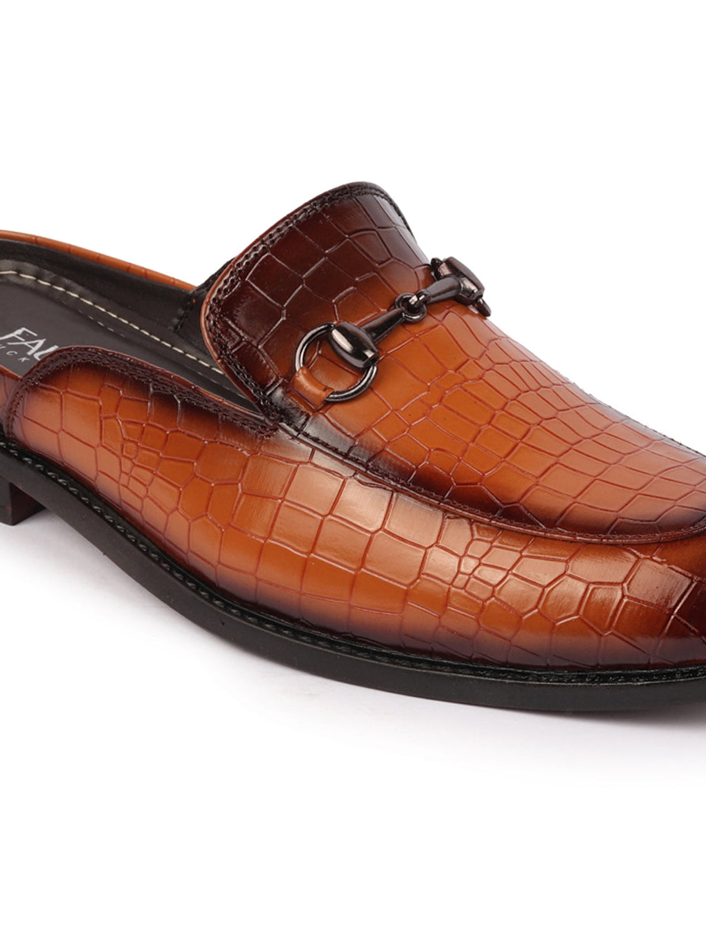 Shop Men Tan Embossed Leopard Print Design with Horsebit Buckle Ethnic Party Back Open Slip On Mules Shoes Online.