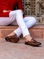 men tan embossed leopard print design with horsebit buckle ethnic party back open slip on mules shoes