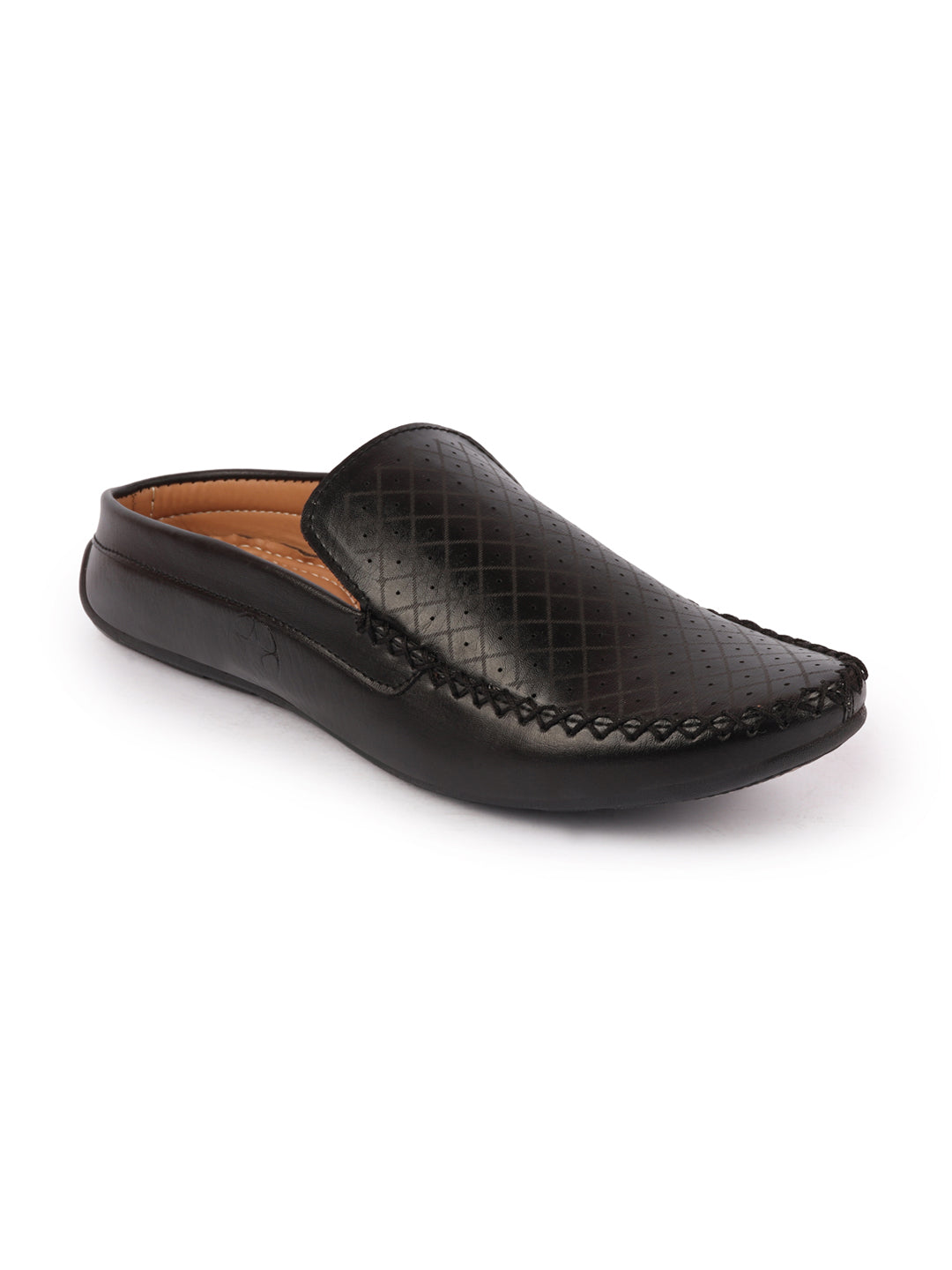 Shop Men Black Stitched Block Design Pattern Back Open Slip On Loafer Shoes Online.