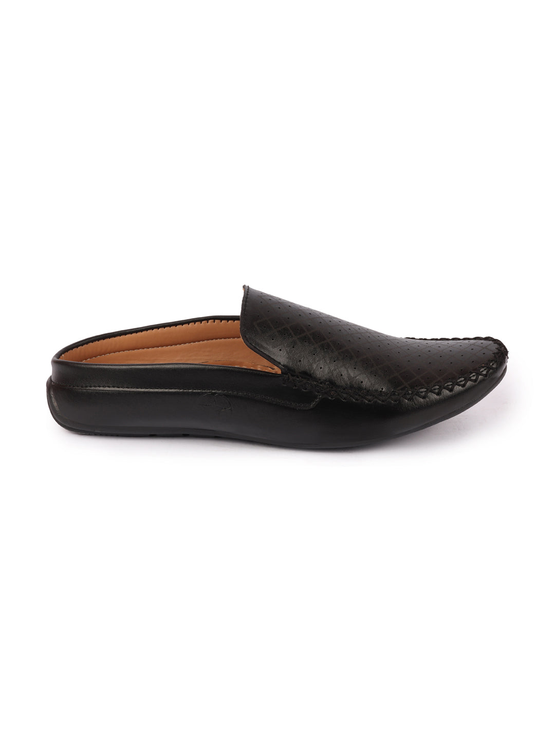 Shop Men Black Stitched Block Design Pattern Back Open Slip On Loafer Shoes Online.