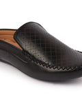Men Black Stitched Block Design Pattern Back Open Slip On Loafer Shoes