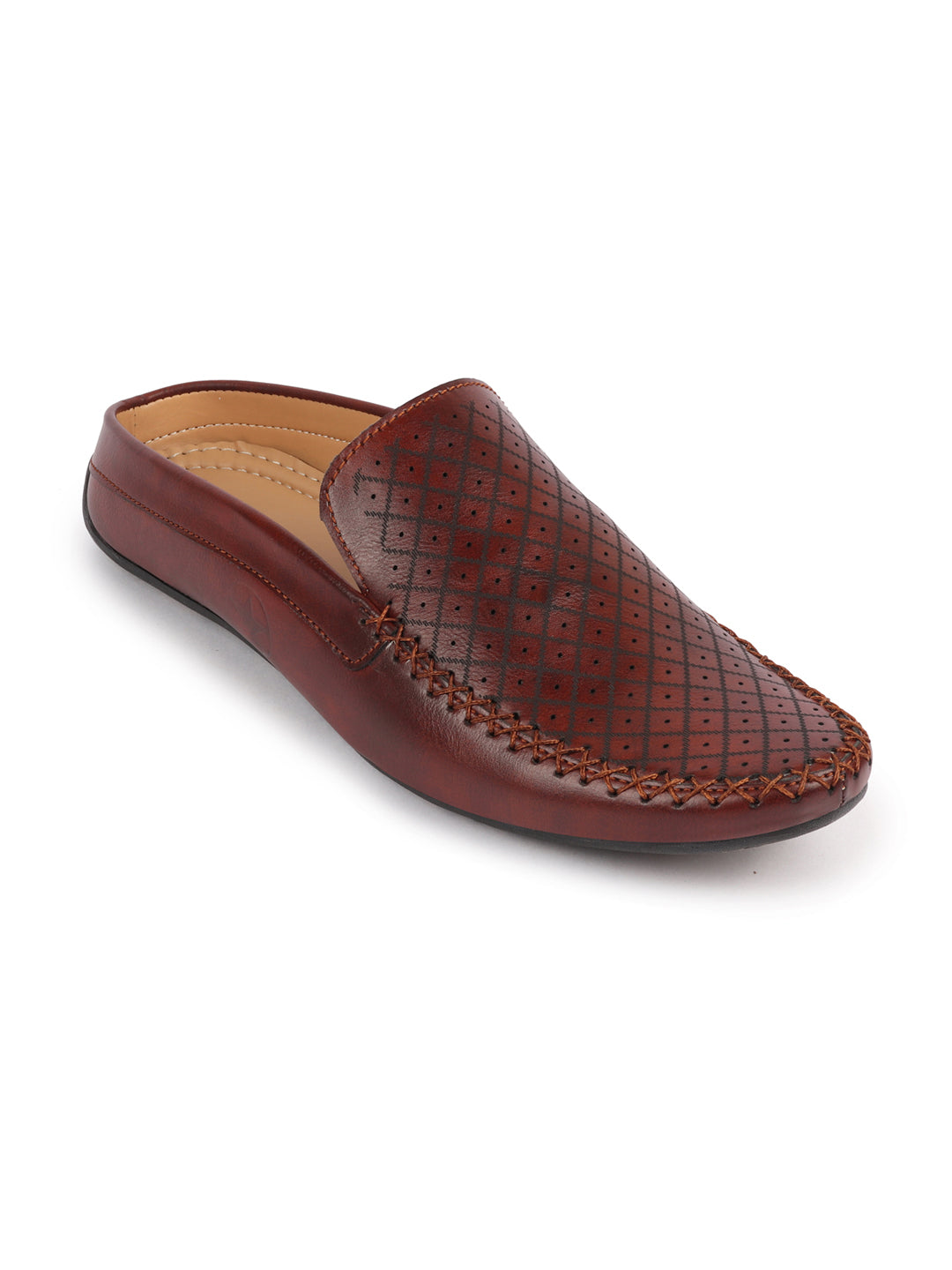 Shop Men Maroon Stitched Block Design Pattern Back Open Slip On Loafer Shoes Online.