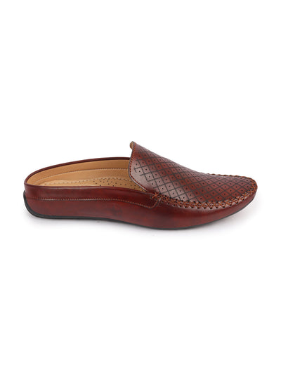 Men Brown Stitched Block Design Pattern Back Open Slip On Loafer Shoes