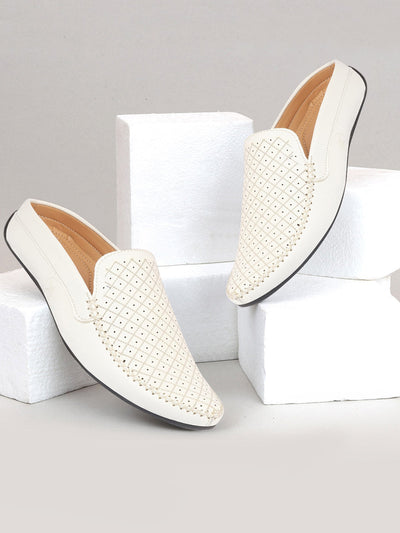 Men Tan Stitched Block Design Pattern Back Open Slip On Loafer Shoes
