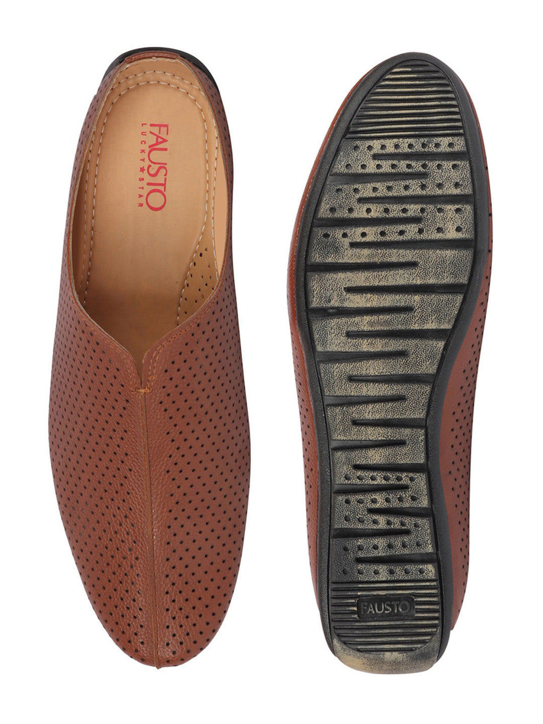 Shop Men Tan Back Open Perforated Design Ethnic Party Wedding Mules Slip On Shoes Online.