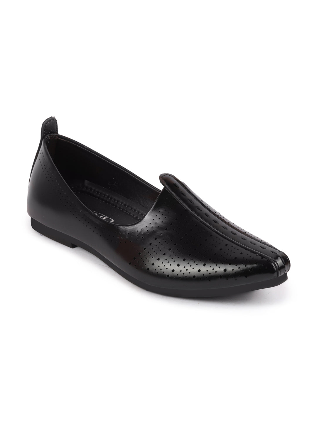 Shop Men Black Laser Cut Design Broad Feet Ethnic Slip On Wedding Juttis and Mojaris Online.
