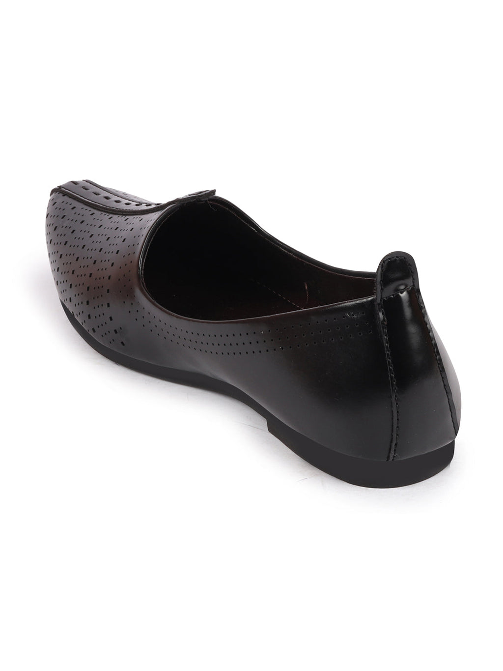 Shop Men Black Laser Cut Design Broad Feet Ethnic Slip On Wedding Juttis and Mojaris Online.