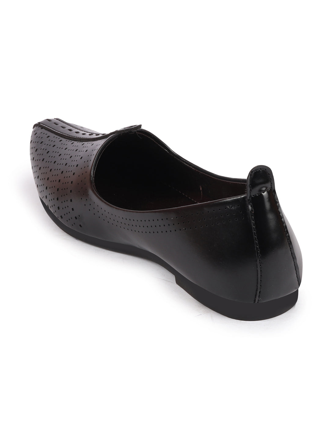 Shop Men Black Laser Cut Design Broad Feet Ethnic Slip On Wedding Juttis and Mojaris Online.