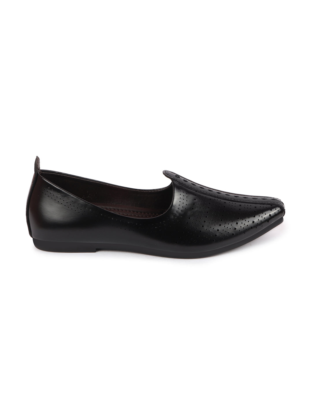 Shop Men Black Laser Cut Design Broad Feet Ethnic Slip On Wedding Juttis and Mojaris Online.