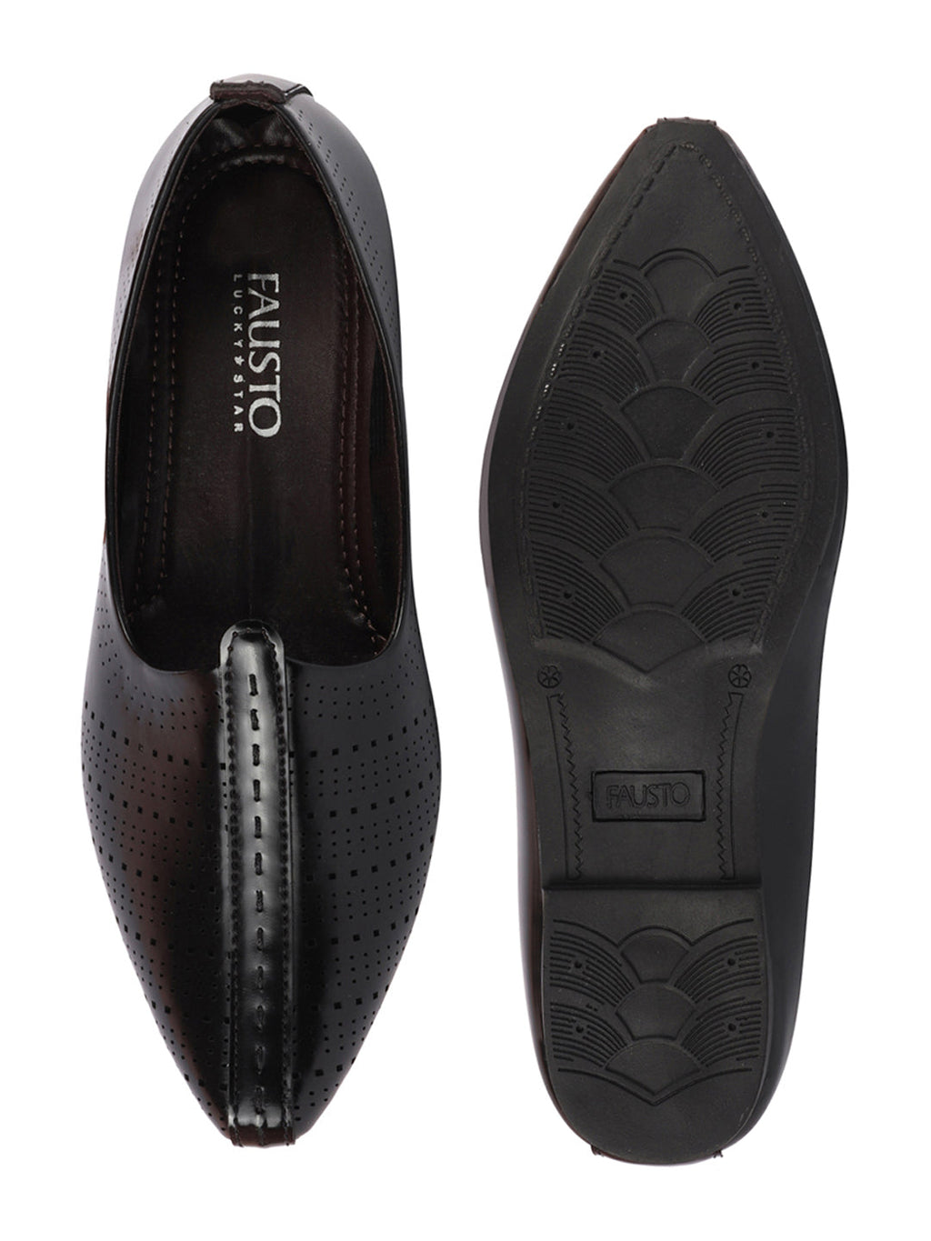 Shop Men Black Laser Cut Design Broad Feet Ethnic Slip On Wedding Juttis and Mojaris Online.