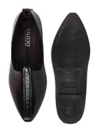 Shop Men Black Laser Cut Design Broad Feet Ethnic Slip On Wedding Juttis and Mojaris Online.