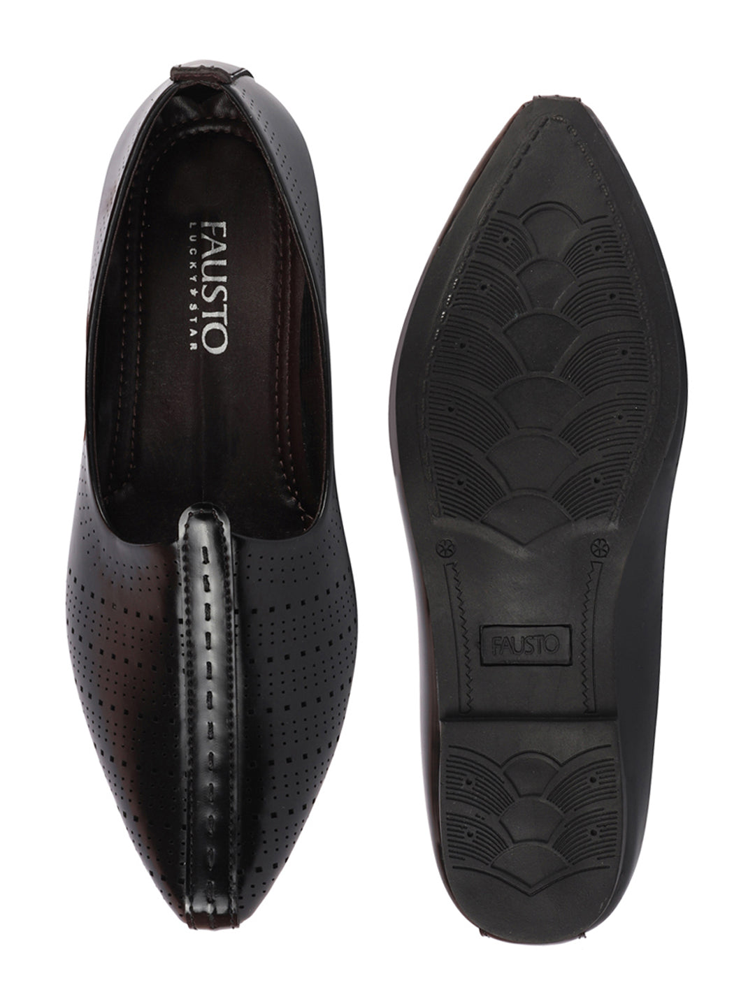 Shop Men Black Laser Cut Design Broad Feet Ethnic Slip On Wedding Juttis and Mojaris Online.