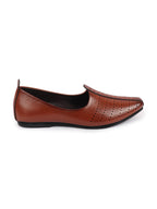 Shop Men Brown Laser Cut Design Broad Feet Ethnic Slip On Wedding Juttis and Mojaris Online.