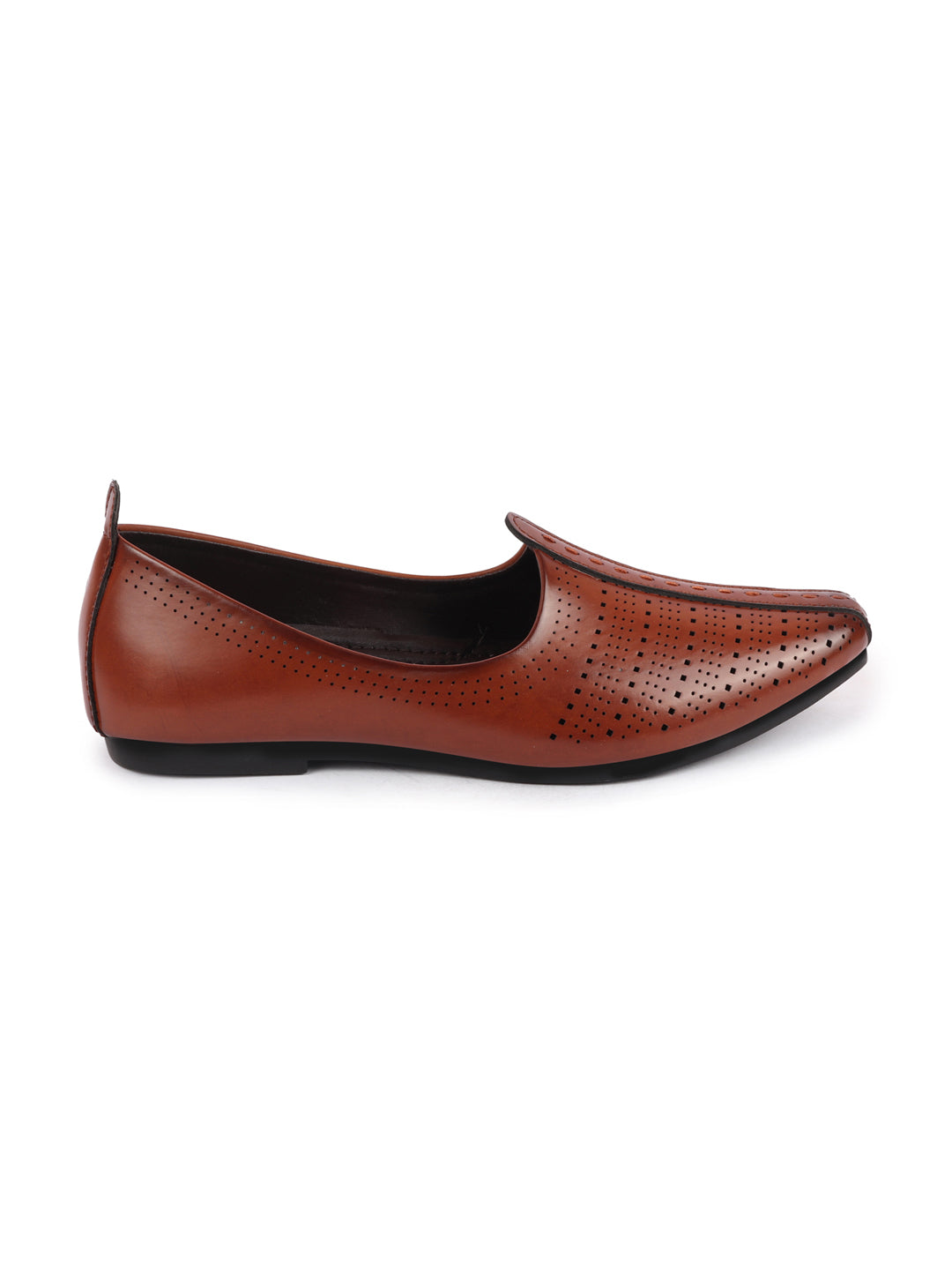 Shop Men Brown Laser Cut Design Broad Feet Ethnic Slip On Wedding Juttis and Mojaris Online.