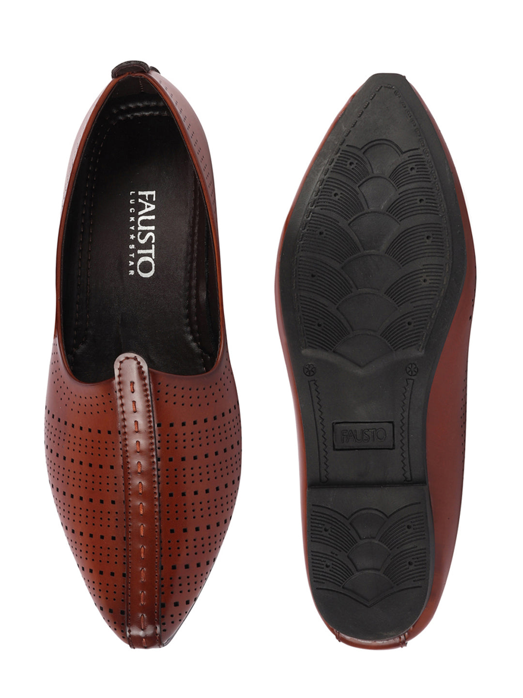 Shop Men Brown Laser Cut Design Broad Feet Ethnic Slip On Wedding Juttis and Mojaris Online.