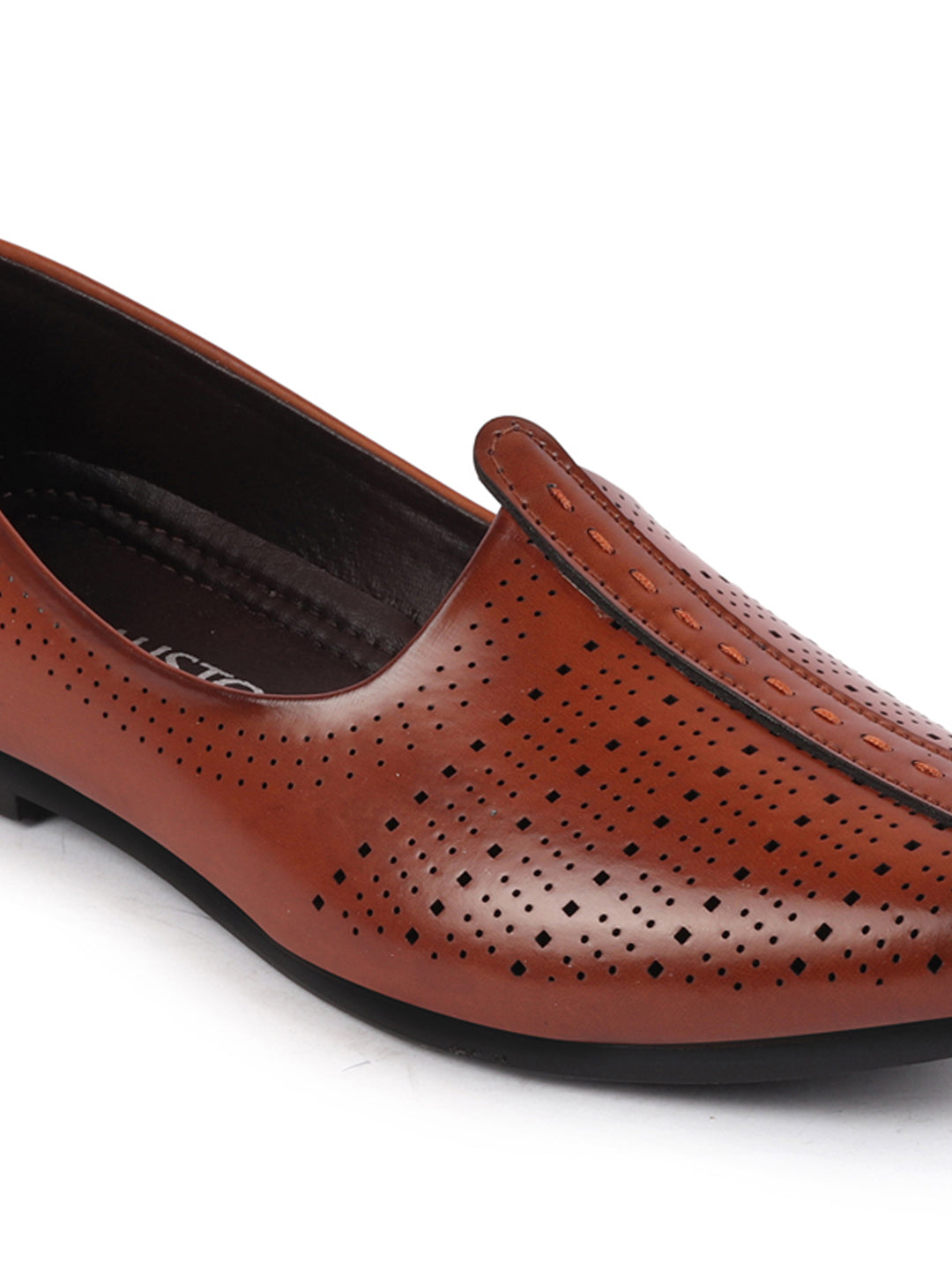Shop Men Brown Laser Cut Design Broad Feet Ethnic Slip On Wedding Juttis and Mojaris Online.