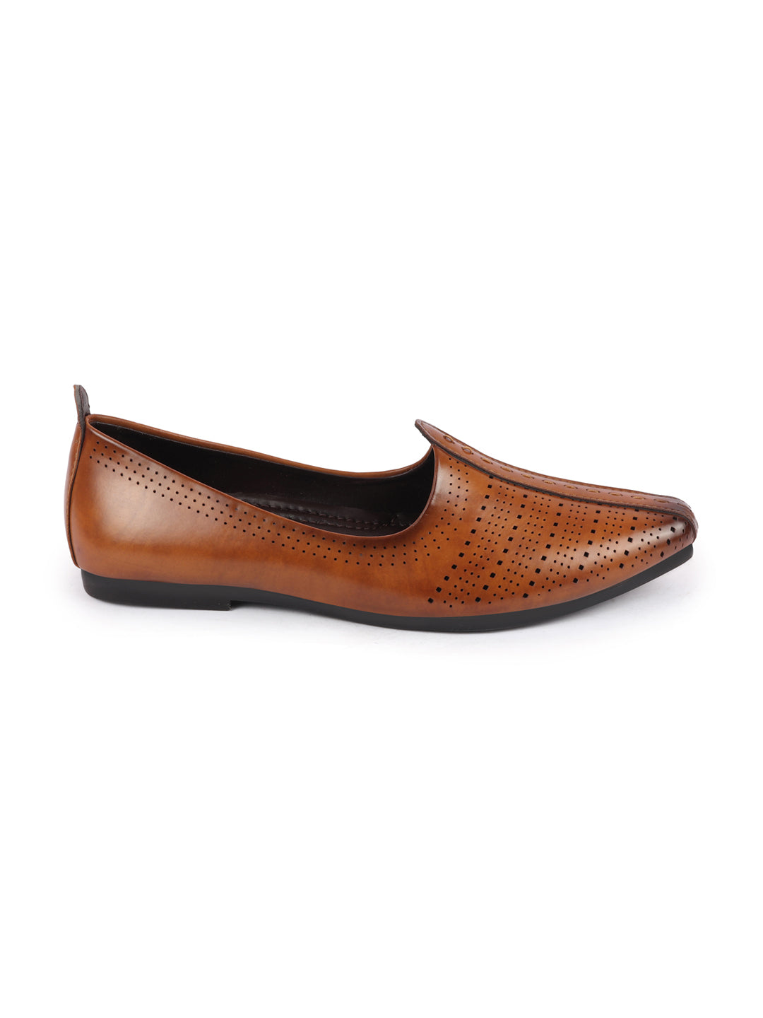 Shop Men Tan Laser Cut Design Broad Feet Ethnic Slip On Wedding Juttis and Mojaris Online.