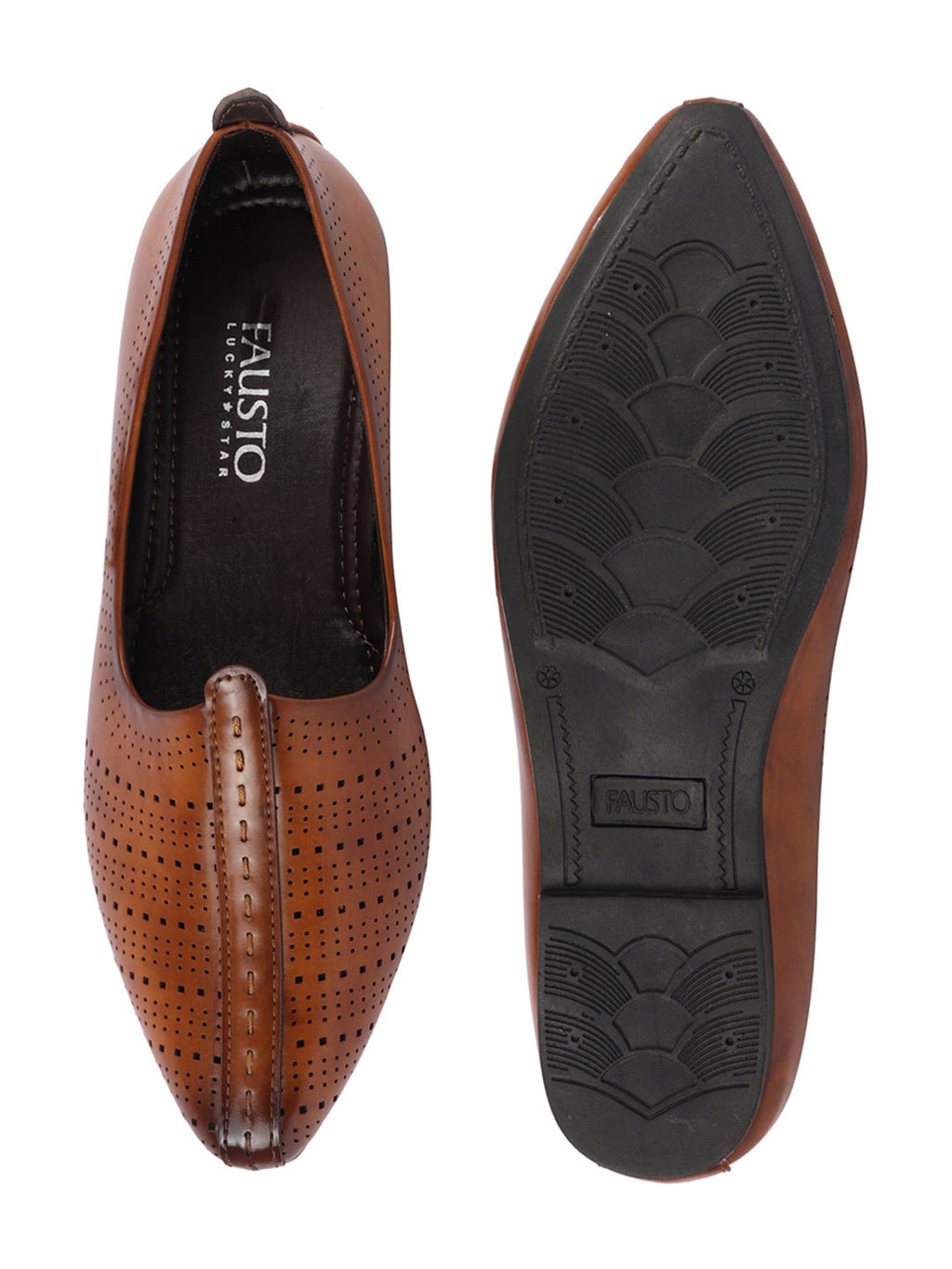 Shop Men Tan Laser Cut Design Broad Feet Ethnic Slip On Wedding Juttis and Mojaris Online.