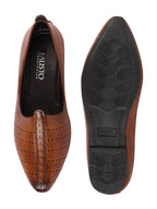 Shop Men Tan Laser Cut Design Broad Feet Ethnic Slip On Wedding Juttis and Mojaris Online.