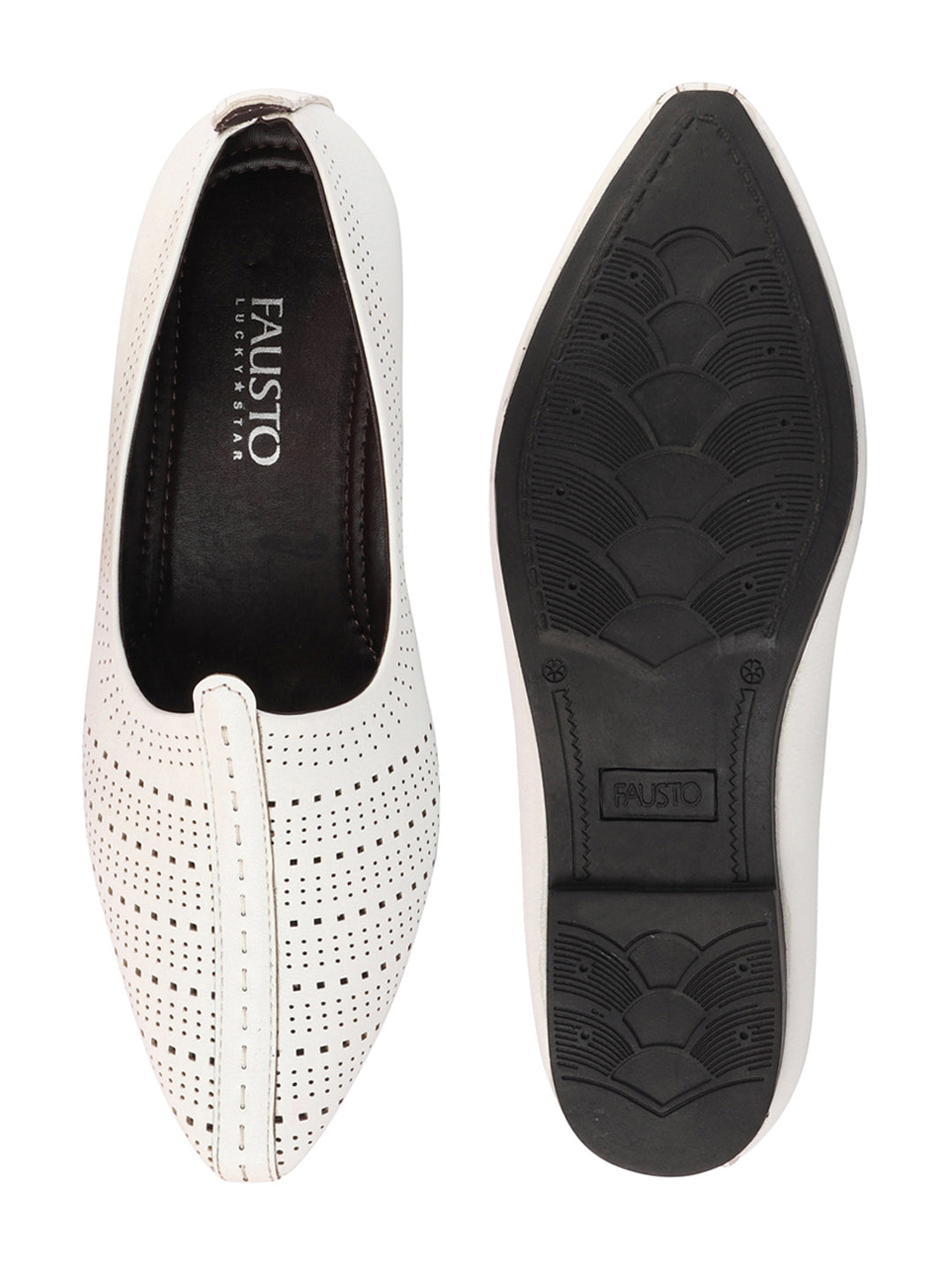 Shop Men White Laser Cut Design Broad Feet Ethnic Slip On Wedding Juttis and Mojaris Online.