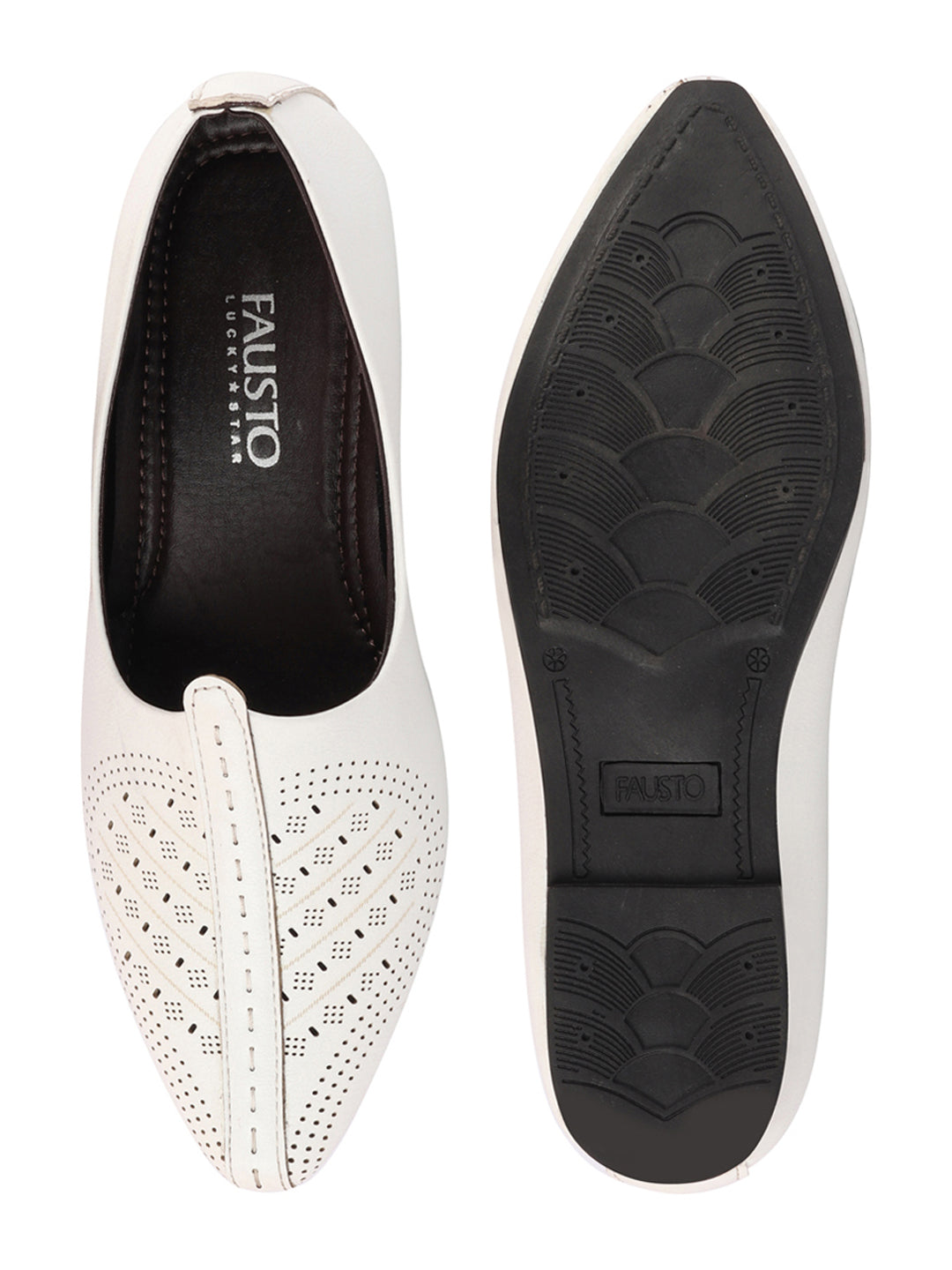Shop Men White Laser Cut Design Ethnic Slip On Wedding Juttis and Mojaris Online.