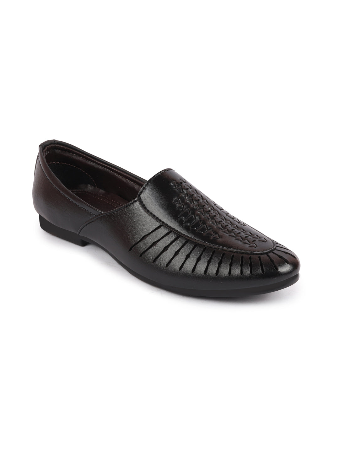 shop men black laser cut design ethnic slip on party juttis and mojaris online.