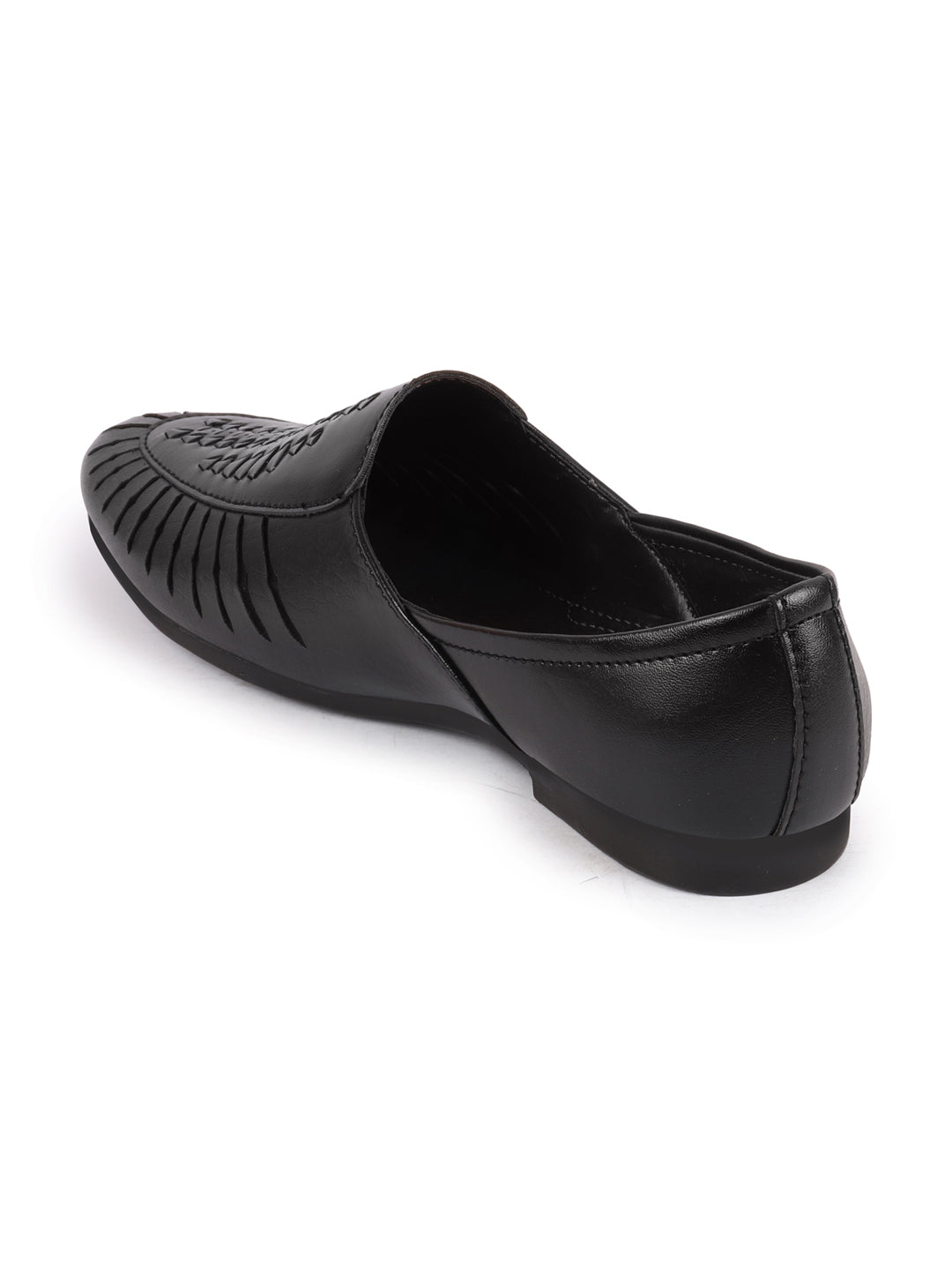 shop men black laser cut design ethnic slip on party juttis and mojaris online.