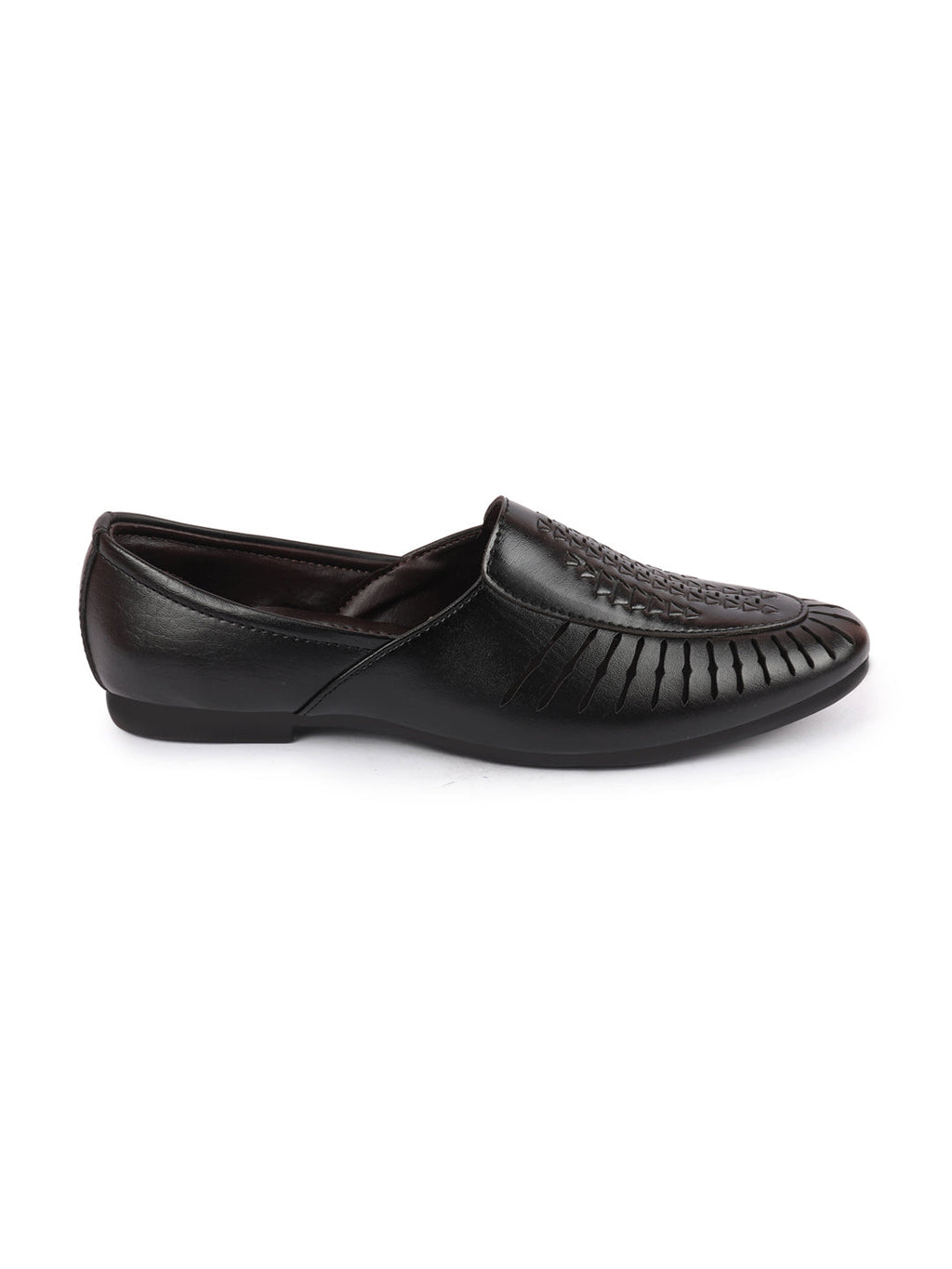 shop men black laser cut design ethnic slip on party juttis and mojaris online.