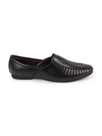 shop men black laser cut design ethnic slip on party juttis and mojaris online.