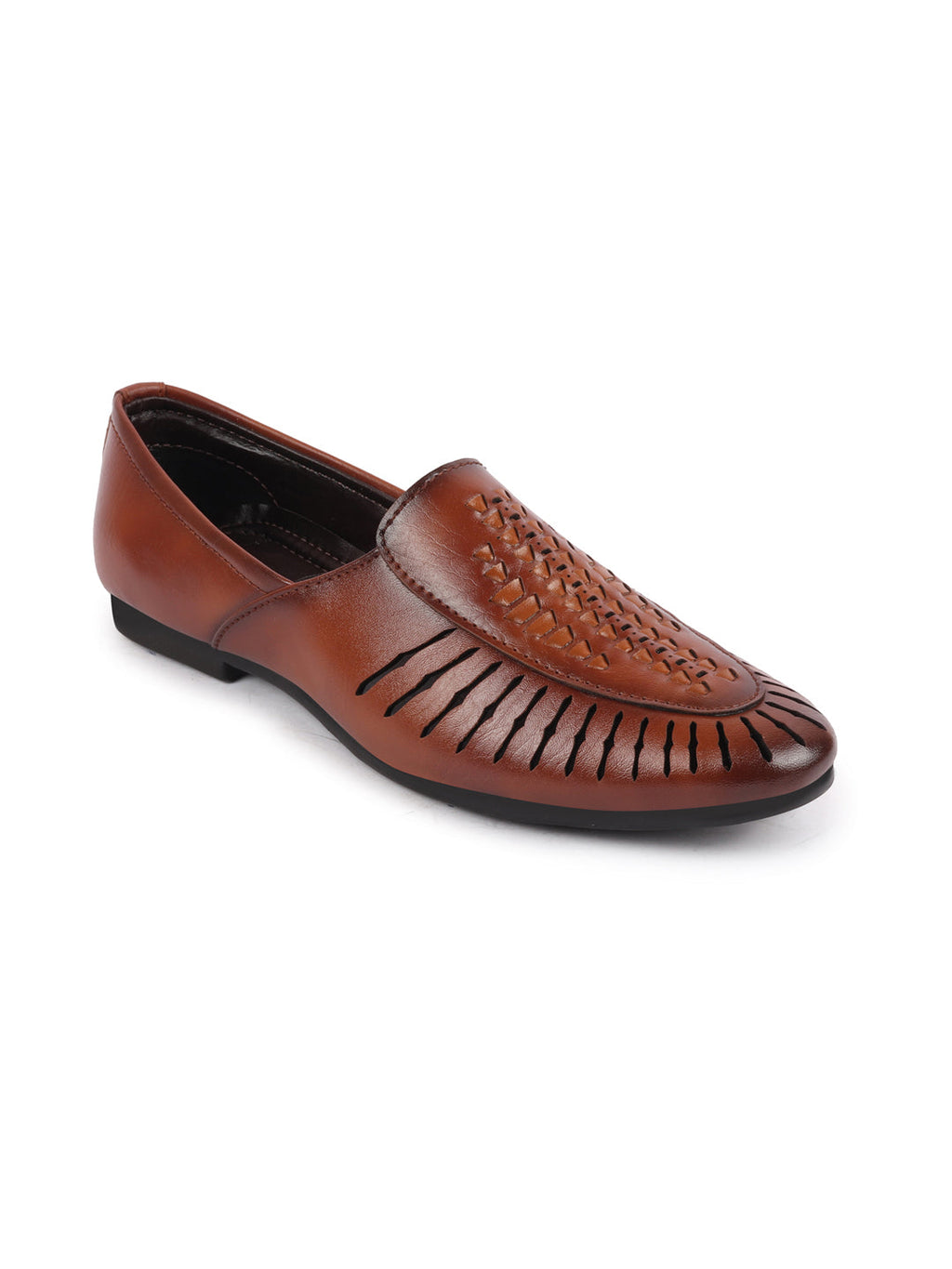 Shop Men Tan Laser Cut Design Ethnic Slip On Party Juttis and Mojaris Online.