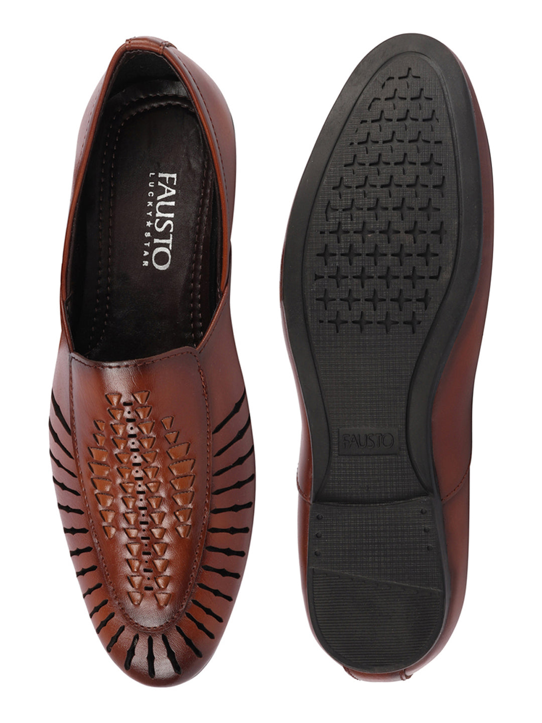Shop Men Tan Laser Cut Design Ethnic Slip On Party Juttis and Mojaris Online.
