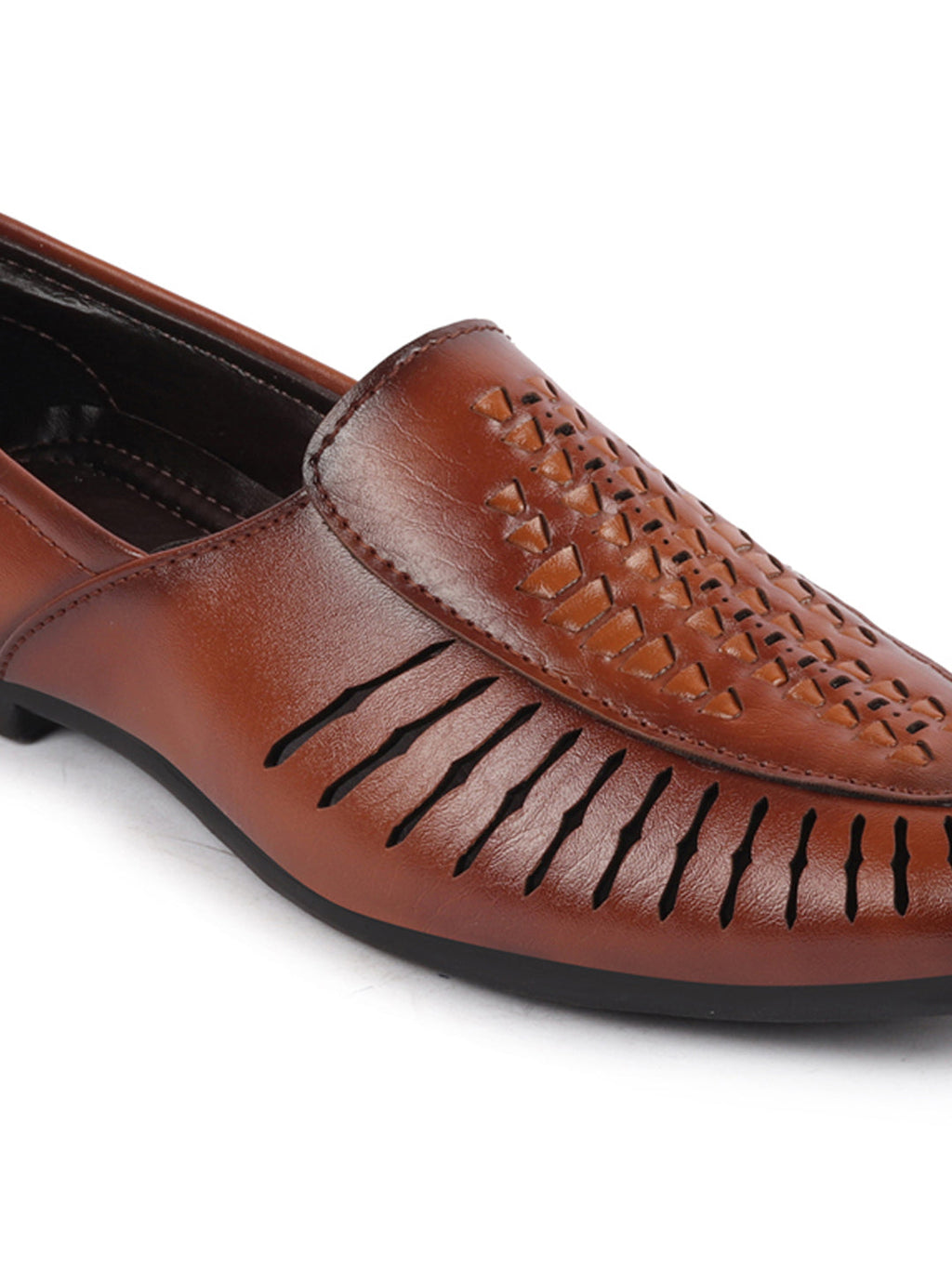 Shop Men Tan Laser Cut Design Ethnic Slip On Party Juttis and Mojaris Online.