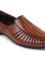 Shop Men Tan Laser Cut Design Ethnic Slip On Party Juttis and Mojaris Online.