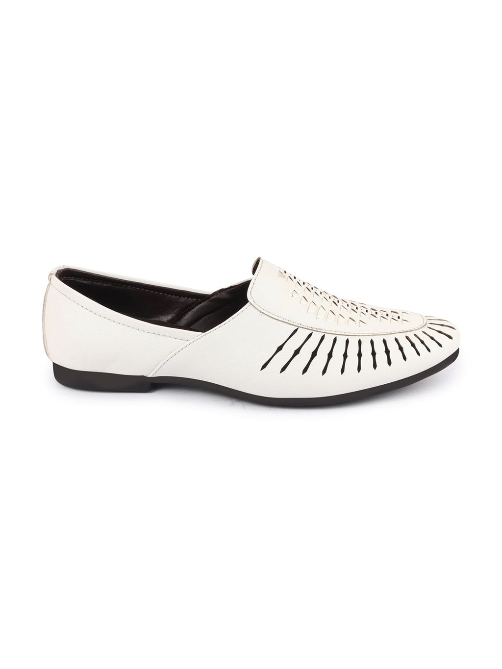 Shop Men White Laser Cut Design Ethnic Slip On Party Juttis and Mojaris Online.