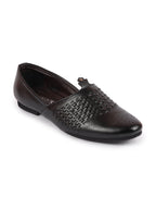 Shop Men Black Laser Cut Knitted Design Ethnic Wedding Broad Feet Slip On Juttis and Mojaris Online.