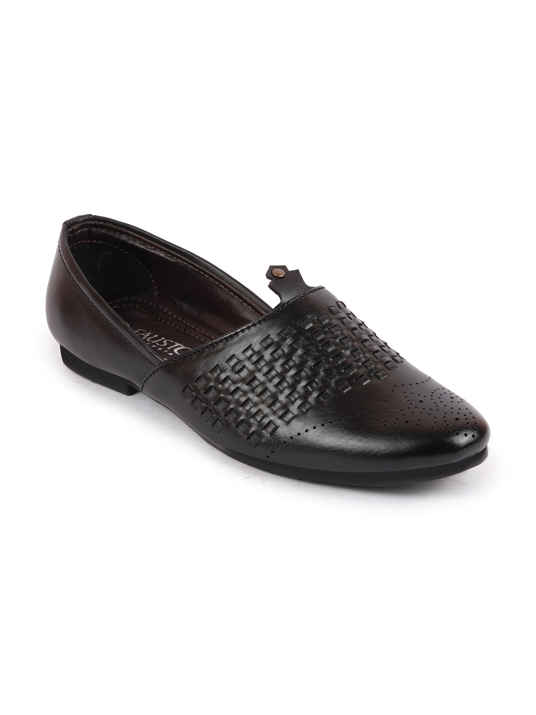Shop Men Black Laser Cut Knitted Design Ethnic Wedding Broad Feet Slip On Juttis and Mojaris Online.