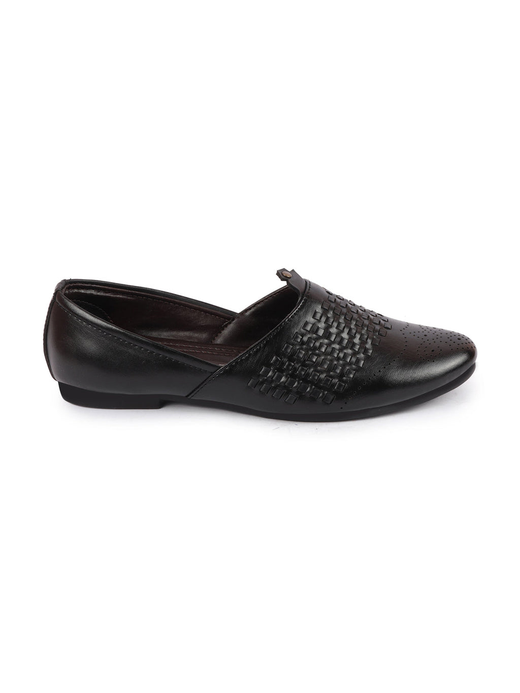 Shop Men Black Laser Cut Knitted Design Ethnic Wedding Broad Feet Slip On Juttis and Mojaris Online.