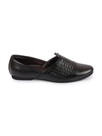 Shop Men Black Laser Cut Knitted Design Ethnic Wedding Broad Feet Slip On Juttis and Mojaris Online.